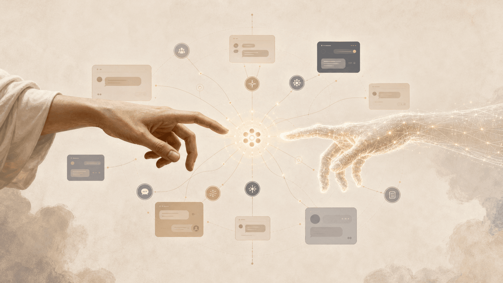 A human hand and a digital hand reaching toward a shared Tabula memory mark.