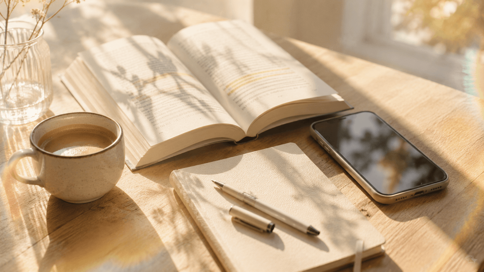 An open book with highlighted lines on a sunlit wooden table, beside a coffee, a closed notebook with a pen, and a phone, in warm film tones.