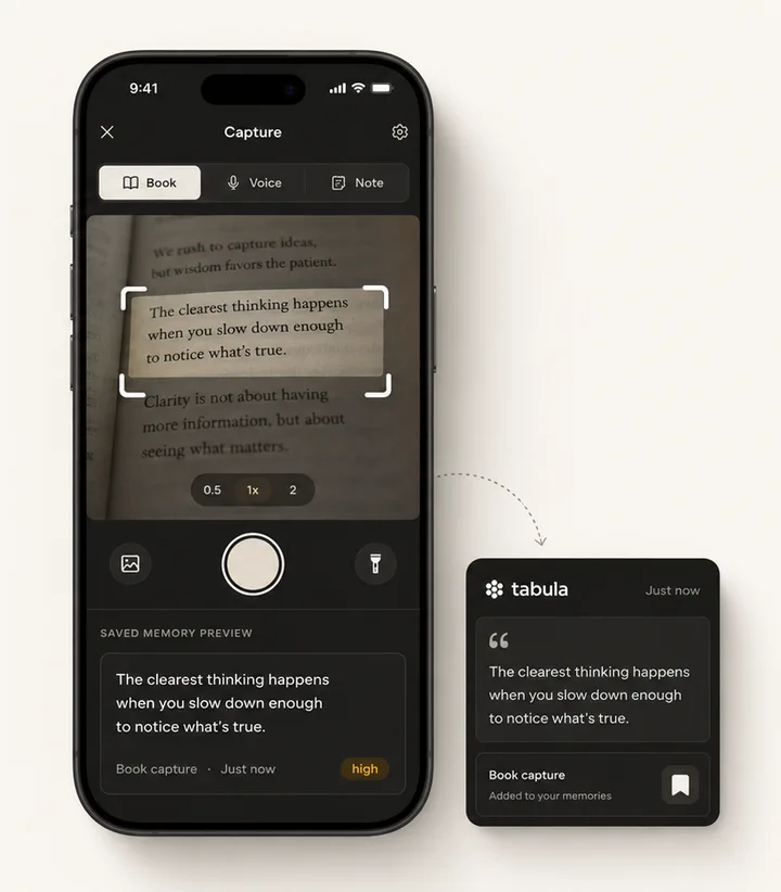 The Tabula capture screen on a phone, saving a line from a book as a memory