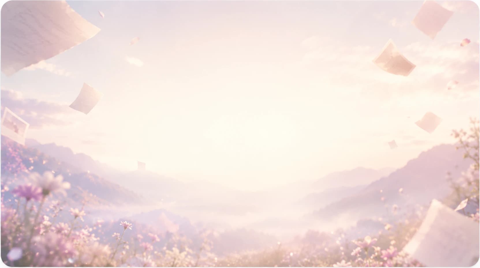 A pale dawn valley with loose sheets of paper drifting through the air above a meadow of soft pink flowers.