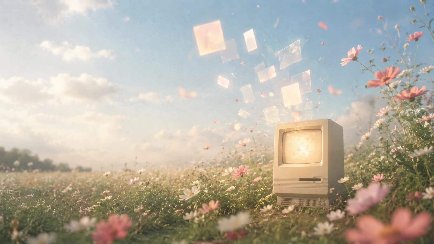 A vintage computer glowing in a sunlit field of wildflowers.