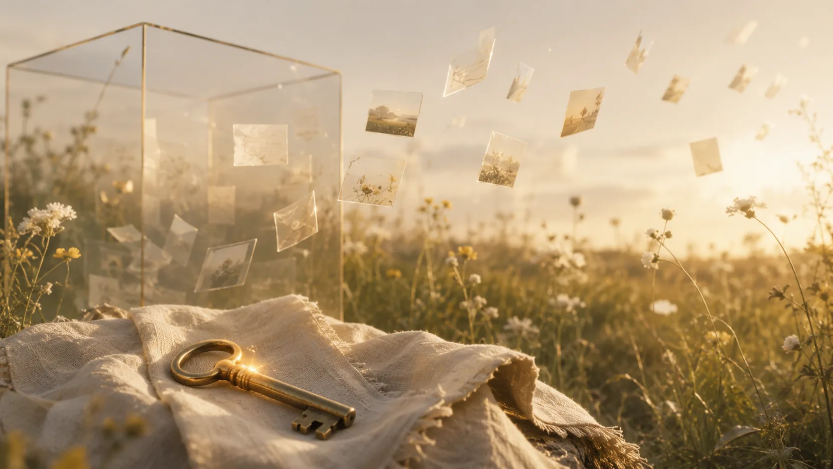 A brass key on linen beside a glass case of translucent photos drifting out into a sunlit wildflower field, in warm film tones.