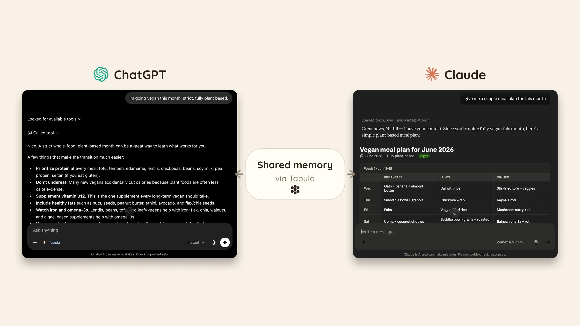 Side by side screenshots: ChatGPT being told 'I'm going vegan this month' on the left, and Claude recalling it unprompted while writing a fully plant-based meal plan on the right.