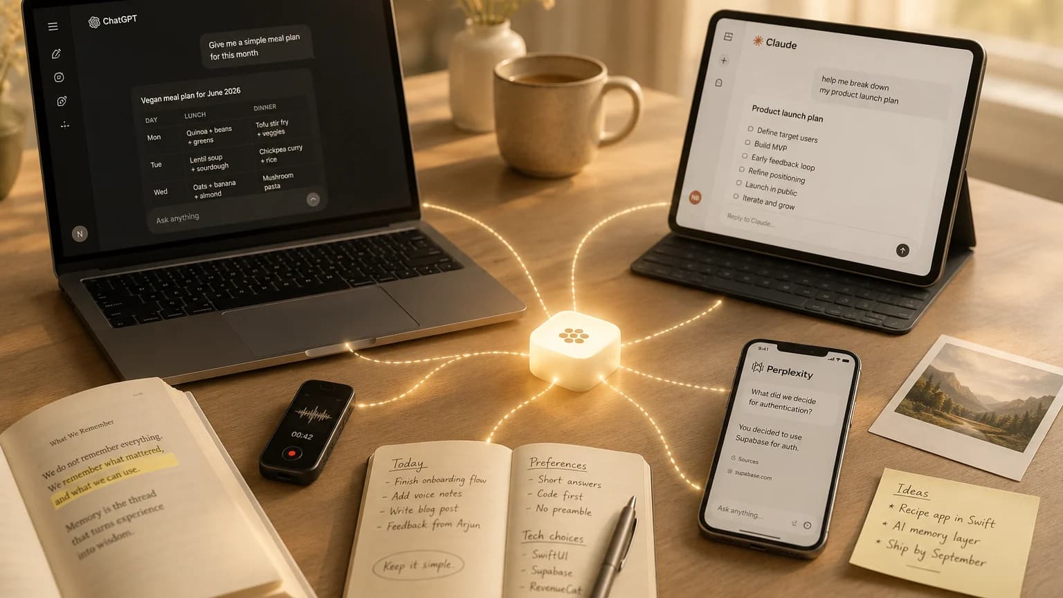 A laptop, tablet, and phone running different AI assistants, all connected by threads of light to one glowing memory hub on a desk, beside a notebook and a voice recorder.