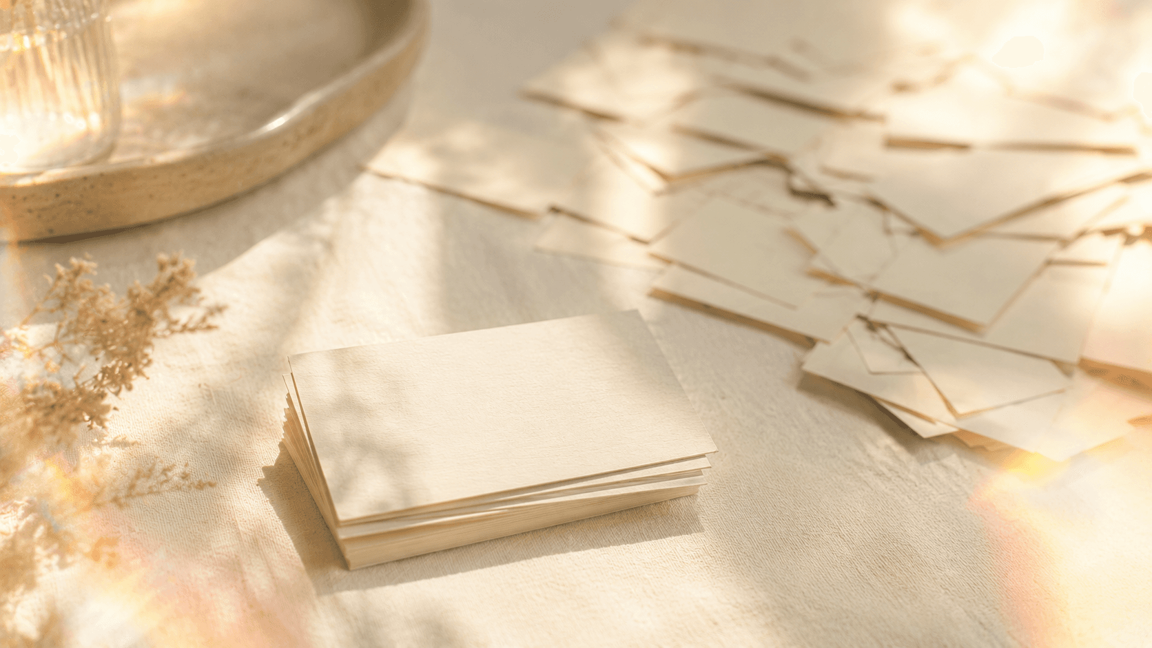 A neat stack of blank cream cards in sunlight on linen, with many more cards scattered loose behind them, in warm film tones.